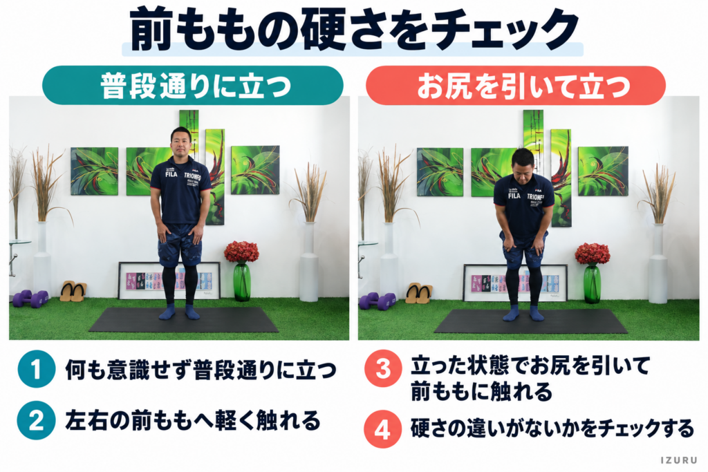 立った状態で普段通りに立って前ももに触れる&お尻を引いて前ももに触れる