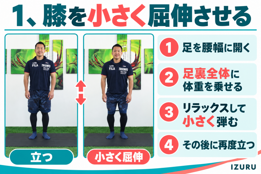 足を腰幅に開いて小さく膝の屈伸を繰り返す