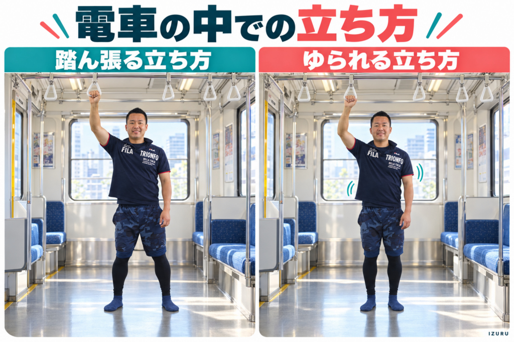 電車のつり革を持って踏ん張る立ち方＆ゆられる立ち方