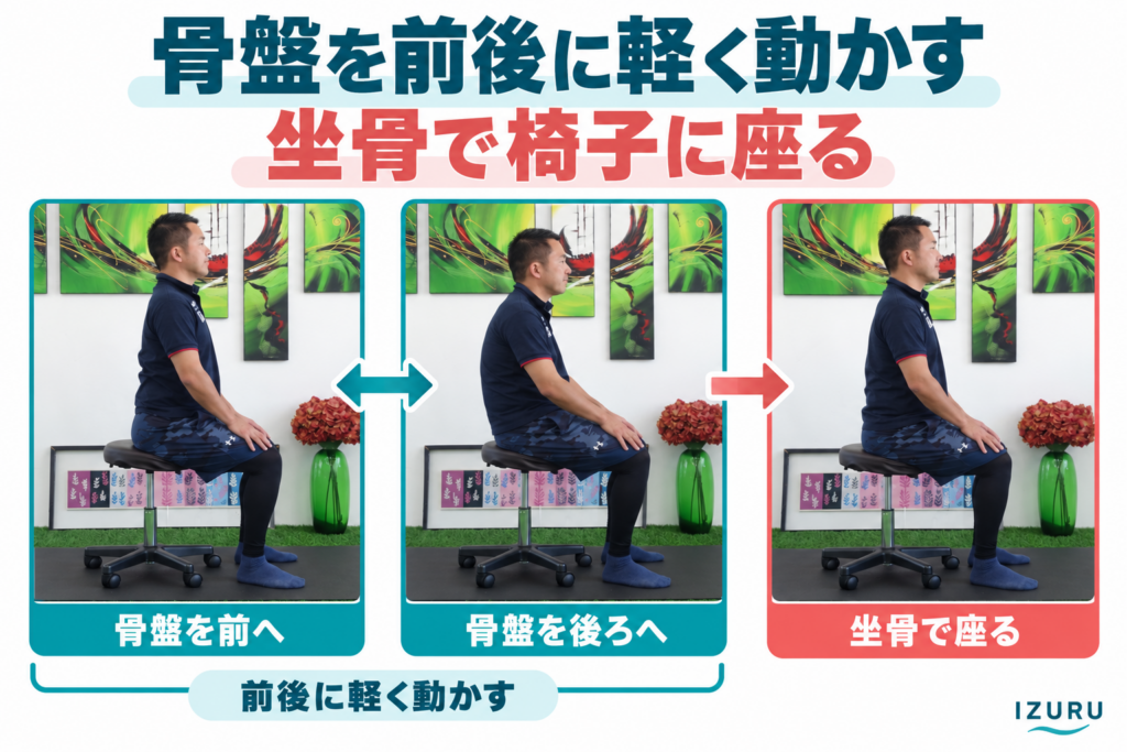 骨盤を前後に軽く動かす&坐骨で椅子に座る